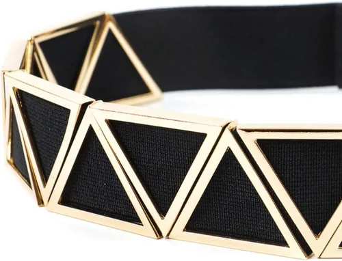 Vista 5 de Cinturón elástico ancho de metal triangular para mujer para vestidos cinturones elásticos con hebilla entrelazada, Oro