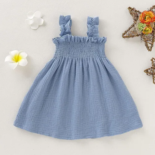Vista 3 de Vestido de lino de algodón sólido sin mangas con tirantes de playa para niñas pequeñas (azul claro, 18-24 meses)