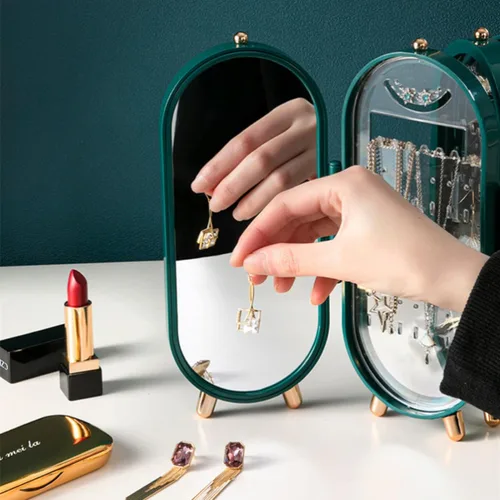 Vista 5 de Cajas de joyería plegables para mujer, organizadores de joyas ABS+PS con espejo, organizador de aretes a prueba de polvo con estante de exhibición