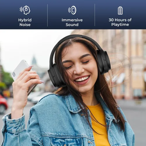 Vista 2 de MOVSSOU Auriculares híbridos con cancelación activa de ruido, auriculares Bluetooth inalámbricos sobre la oreja con micrófono, graves profundos