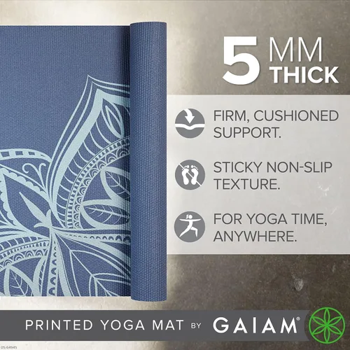 Vista 2 de Gaiam - Esterilla de yoga premium de 5mm con estampado, gruesa y antideslizante para todo tipo de yoga, pilates y entrenamientos en el suelo