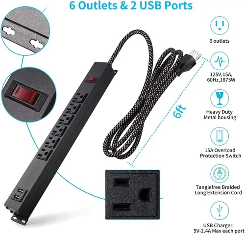 Vista 2 de Regleta de alimentación de metal para montaje en pared con 2 puertos USB, protector de sobretensiones 300J, cable de extensión de 6 pies