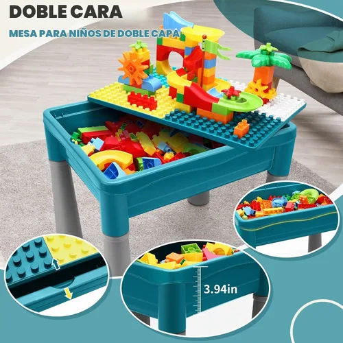 Vista 2 de Mesa de actividades para niños de doble cara con almacenamiento, mesa multiactividad todo en uno, 105 piezas de bloques de construcción con pista