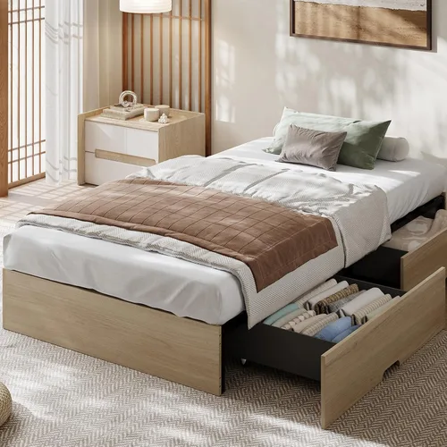Vista 15 de Garvee Marco de cama individual, cama de plataforma de madera con diseño estriado Base de cama de perfil bajo, base de cama minimalista sin ruido