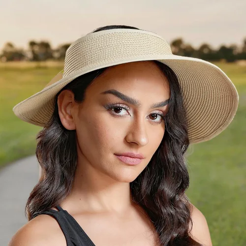 Vista 9 de Joywant Womens Sun Visor Hats, Packable Wide Brim Ponytail Beach Hat Straw Visor Summer Beach Vacation Essentials for Womens