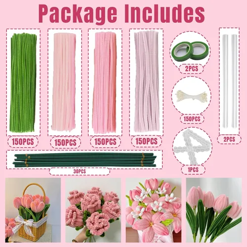 Vista 2 de 600 limpiadores de tuberías rosas para manualidades, tallos de felpilla