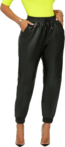 Vista 2 de Voghtic Pantalones de cuero para mujer, de cintura alta, con cordón sintético, con bolsillos