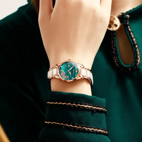Vista 9 de OLEVS Relojes de pulsera para mujer color oro rosa elegante de cerámica para mujer de acero inoxidable impermeable luminoso