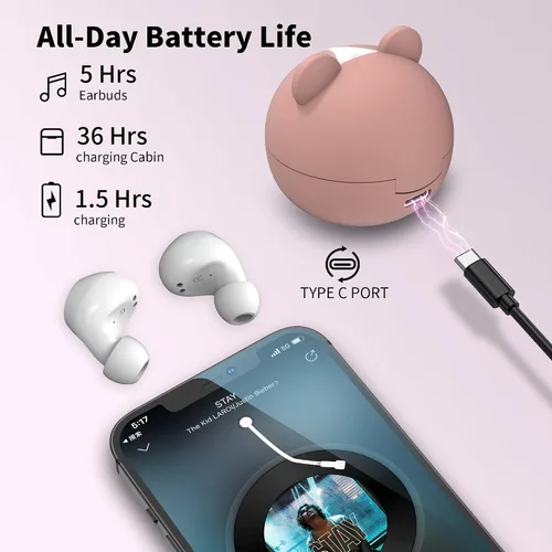 Vista 4 de Auriculares Bluetooth rosa inalámbricos para niños, 36 horas de reproducción, IPX5, impermeable, reducción de ruido, auriculares inalámbricos