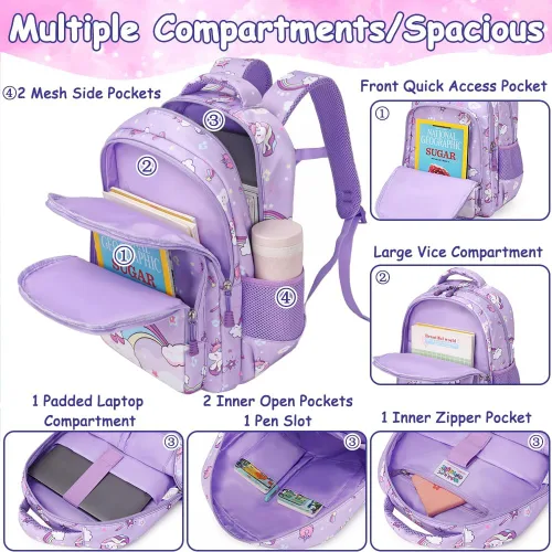 Vista 29 de Juego de mochila para niñas y adolescentes, mochila escolar para niños con bolsa para el almuerzo, estuche para lápices, mochilas escolares