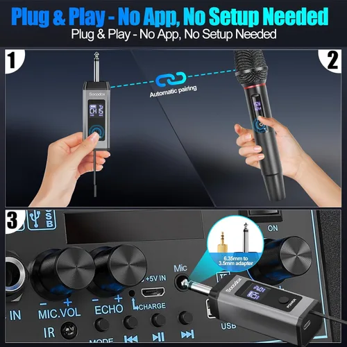 Vista 4 de Sistema de micrófono inalámbrico UHF dual, 2 paquetes - Micrófonos de metal con receptor recargable, audio sin interferencias de 15 canales, Plug &
