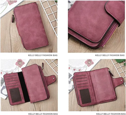 Vista 8 de Surakey Cartera de cuero para mujer, con bloqueo de piel, tarjetero triple para mujer, con tarjetero para tarjetas de identificación, bolsa de gran