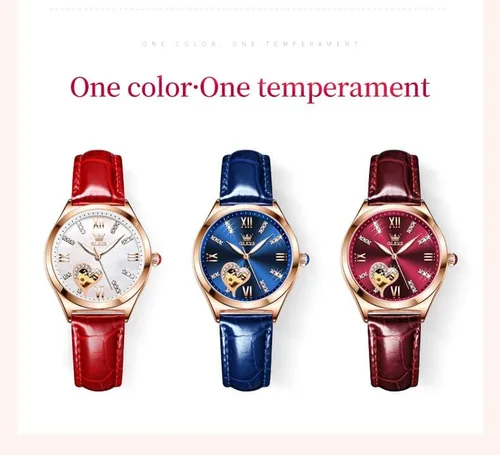 Vista 6 de OLEVS Reloj mecánico automático para mujer, correa de cuero, cuerda automática, reloj de pulsera para mujer, esfera de corazón de diamante