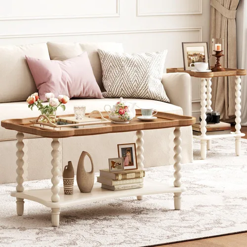 Vista 7 de Function Home - Mesa de centro de granja, mesa rústica blanca de estilo francés con estante de almacenamiento, mesas de centro de madera para sala