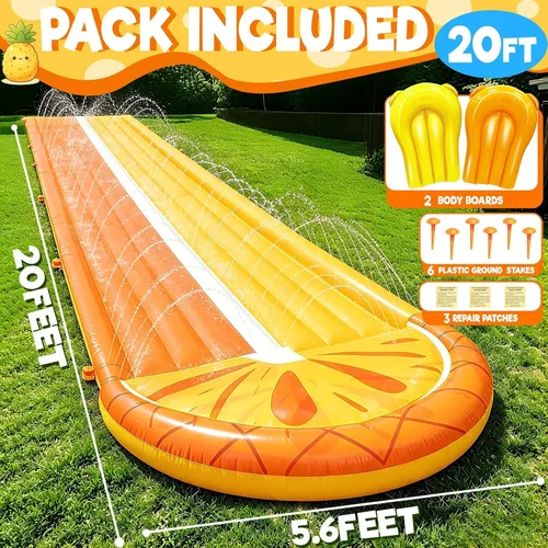 Vista 2 de iGeeKid Toboganes de agua de piña con 2 tablas de bodyboards para niños y adultos, juguetes de agua resistentes, aspersores, 2 carriles de carreras