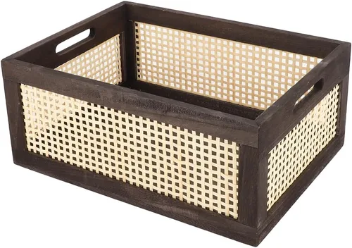 Vista 10 de Cesta de madera negra, cesta de almacenamiento de ratán para organizar, 14.96 x 11.02 x 6.30 pulgadas Negro