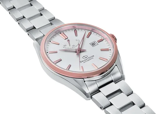 Vista 2 de Orient Star Power Reserve Basic Date 2 tonos oro rosa zafiro reloj RE-AU0401S, Oro rosa, plata.