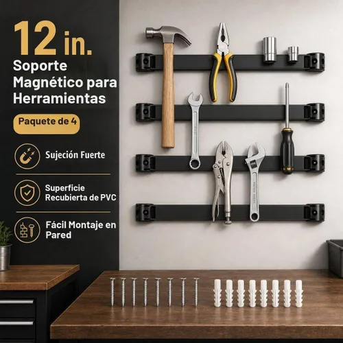 Vista 2 de Portaherramientas magnético de 12 pulgadas, paquete de 4 recubiertos de PVC resistente para garaje