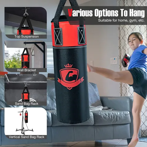 Vista 5 de GYMAX Saco de boxeo para niños, saco de boxeo prellenado con guantes de boxeo, envolturas de mano y bolsa de transporte, saco de boxeo pesado