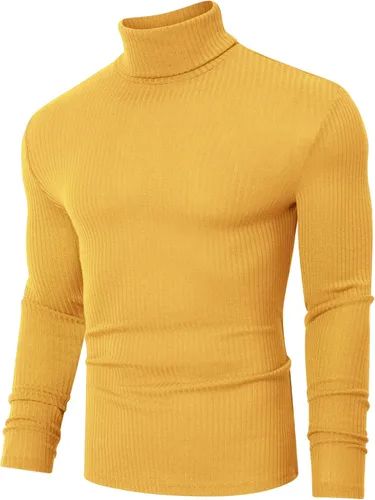 Vista 5 de TURETRENDY Camisetas elásticas para hombre, cuello alto, manga larga, de punto, casual, ajustadas, básicas