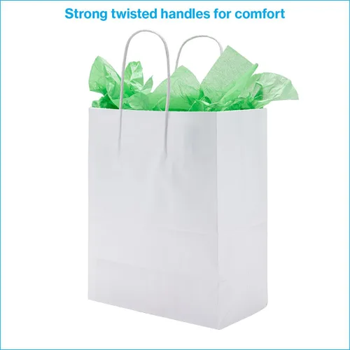 Vista 2 de SSWBasics Bolsas de compras de papel kraft blancas medianas - 8 ¼ L x 4 ¾ D x 10 ½ H - Estuche