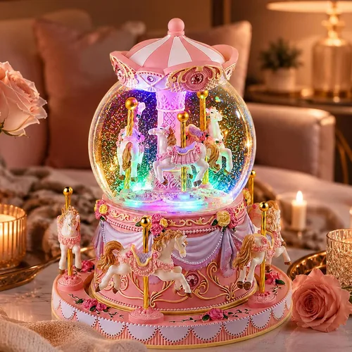 Vista 11 de Caja de música de carrusel, globo de nieve de caballo, cajas musicales pintadas a mano, luz de color, regalo para niñas, mujeres, niños, hermana