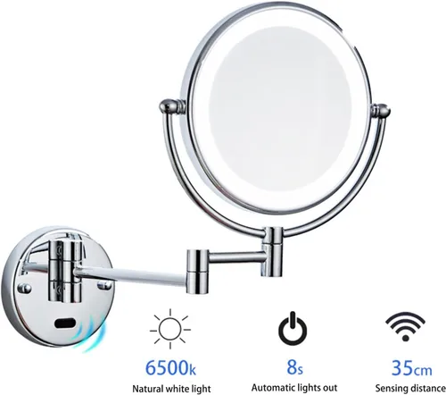 Vista 3 de GAUDIE Espejo de maquillaje LED con sensor inteligente con luces y aumento de 10X, espejo de tocador extensible giratorio de doble cara montado