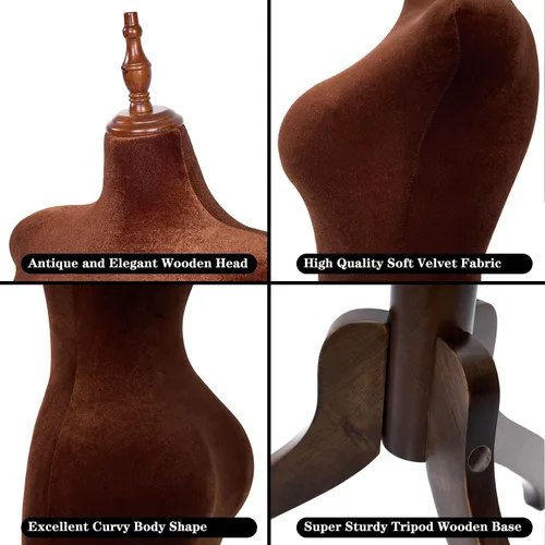 Vista 5 de Torso de maniquí femenino con curvas ajustables con soporte, forma de vestido pinable para ropa (marrón, terciopelo)