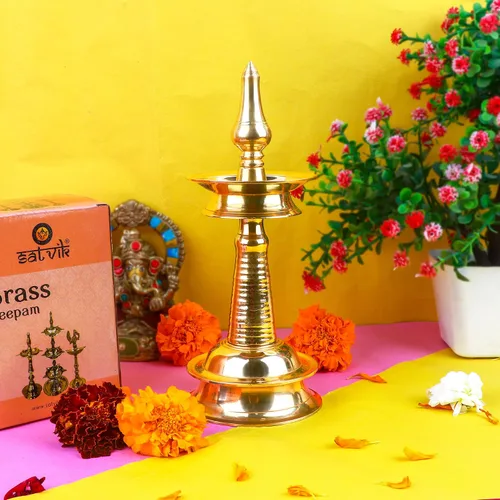 Vista 5 de SATVIK - 1 pieza de 4 pulgadas de latón de pie de metal Kerala Samai Diwali Deepak para Puja tradicional Panchmahal Pooja Deepam Diya lámpara