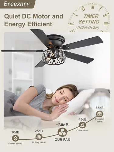 Vista 12 de Ventiladores de techo de montaje empotrado de 52 pulgadas con luces y control remoto, 5 aspas de doble cara, motor CC reversible de 6 velocidades