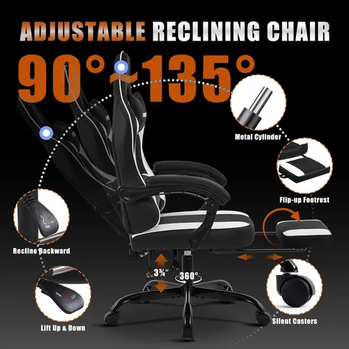 Vista 8 de Silla de juegos con reposapiés, sillas reclinables de videojuegos para adultos con soporte lumbar, reposabrazos articulados, silla ergonómica