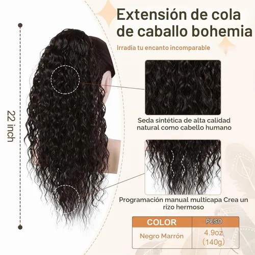 Vista 2 de Flufymooz Extensión de cola de caballo, 22 pulgadas, estilo bohemio, con cordón, extensiones de cabello para mujer, cola de caballo larga, rizada