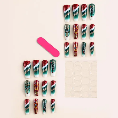 Vista 4 de Uñas postizas largas a presión de Navidad, uñas acrílicas artificiales con diamantes de imitación, diseño de árbol de Navidad, uñas postizas