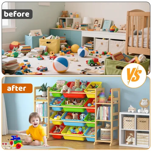 Vista 5 de Organizador grande de almacenamiento de juguetes para niños, organizador de juguetes y estantería combinada con 12 contenedores y 6 estantes, caja