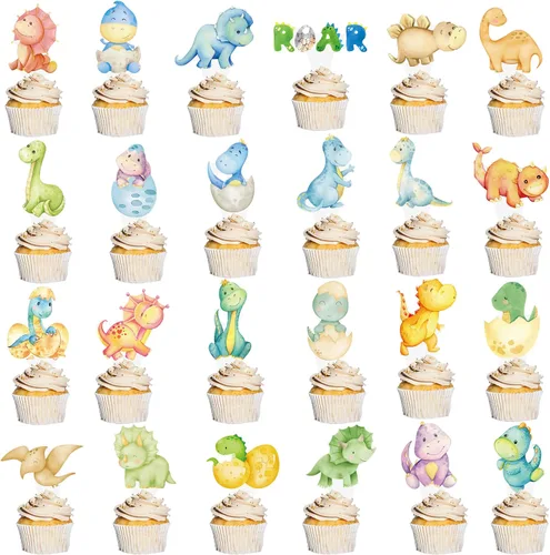 Vista 2 de Decoración de dinosaurio para baby shower, 48 piezas de decoración de cupcakes de dinosaurio para decoración de fiesta de cumpleaños de dinosaurio