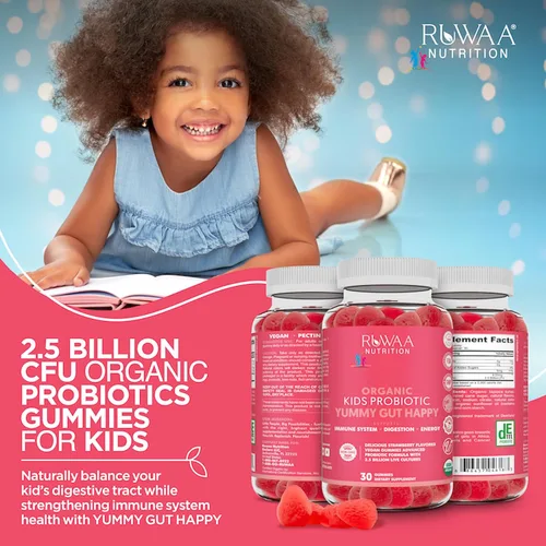 Vista 2 de RUWAA NUTRITION Gomitas probióticas orgánicas para niños para la salud digestiva, apoyo inmunológico, estreñimiento, hinchazón. 2.5 mil millones