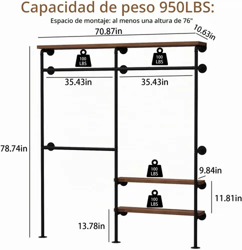 Vista 6 de HOMEKAYT Perchero Industrial de Tubería para Ropa, Perchero de Pared con Estantes, Estante Colgante de Ropa Multiusos de Servicio Pesado - 70.8''L