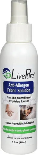 Vista 2 de LivePure Spray de tela antialérgeno de 3 onzas para superficies domésticas. Spray antialérgeno a base de plantas para ácaros del polvo y caspa