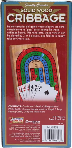 Vista 4 de Family Classics Cribbage – Tablero continuo de madera maciza de 3 vías con compartimento de almacenamiento integrado para clavijas