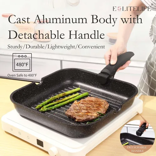 Vista 4 de ESLITE LIFE Sartén cuadrada grande de 11 pulgadas, compatible con inducción, sartén antiadherente con mango desmontable, sartén versátil
