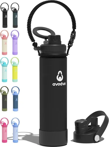 Vista 12 de Botella de agua aislada de 12 onzas con 2 tapas (tapa de popote y boquilla 2 en 1, tapa magnética), botella de agua para niños con correa, botella