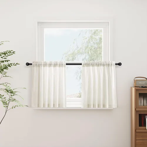 Vista 104 de Cortinas de lino verde aguamarina de 84 pulgadas de largo, juego de 2 paneles semitransparentes con bolsillo para barra para comedor, decoración