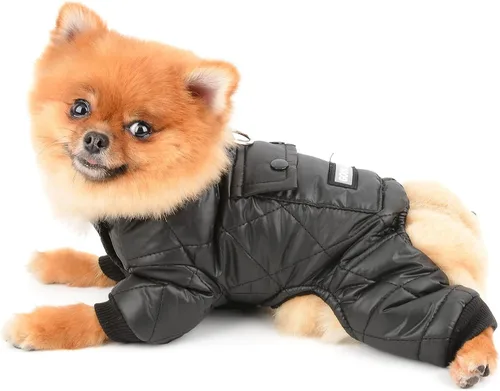 Vista 4 de SMALLLEE_LUCKY_STORE Abrigo de invierno acolchado para mascotas, traje de nieve con bolsillo y anillo en D para perros pequeños, gatos, impermeable