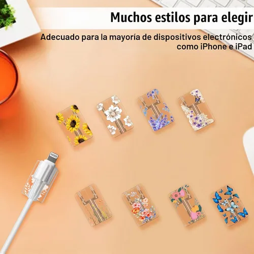 Vista 6 de Bonito protector de cable floral para cargador de iPhone, patrón de lavanda, camelia, girasol, ramo de flores, encaje, cerezo en flor, set de 6