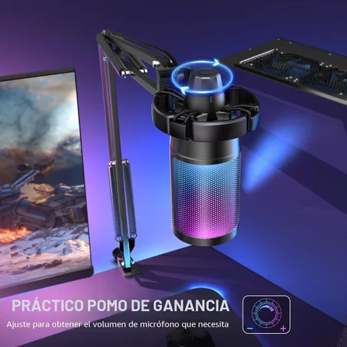 Vista 6 de FIFINE Gaming PC USB Microphone, Podcast Condenser Mic with Boom Arm, Pop Filter, Mute Button for Streaming, Twitch, Online Chat, RGB Computer Mic