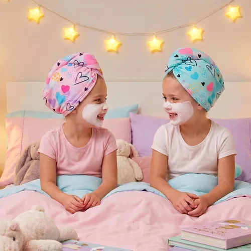 Vista 4 de Basumee Toalla Envolvente de Microfibra para el Cabello para Niños Paquete de 2 Toallas de Cabello de Secado Rápido con Botón Turbantes para Cabello