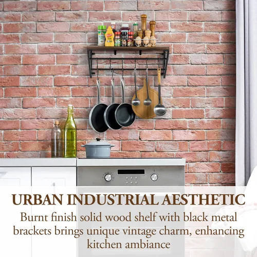 Vista 2 de MyGift Urban Industrial - Estante flotante de cocina de madera maciza quemada con soportes de metal negro para ollas y sartenes con 12 ganchos en S