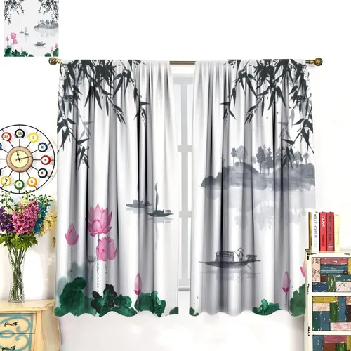 Vista 3 de Cortinas con estampado de bambú, diseño de loto rosa asiático japonés, tela de poliéster, tratamiento de ventana para dormitorio, sala de estar