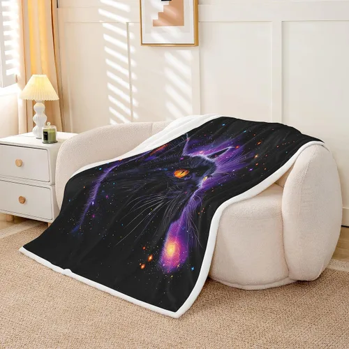 Vista 3 de Manfei Manta Kawaii con estampado de gato estrellado para niños y niñas, decoración de habitación de niños y niñas, manta negra Kawaii animal