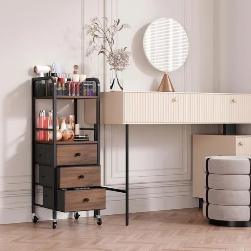Vista 9 de HapiRm Organizador de Carrito de Maquillaje Rodante - Almacenamiento de Maquillaje y Cuidado de la Piel de Piso con 3 Cajones de Tela No Tejida